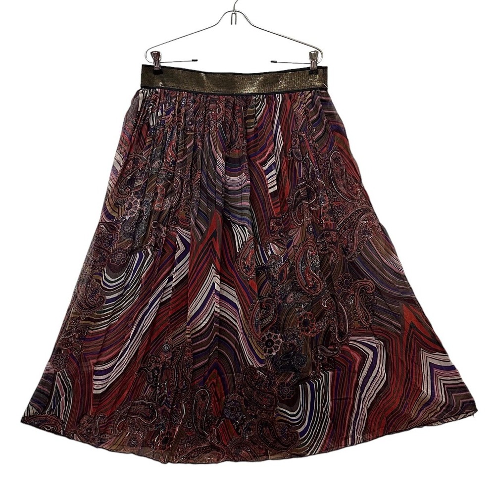 Metro Wear Women's Paisley Chevron Pleated Midi Skirt Gold Elastic Waist 1118 L